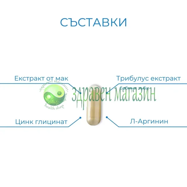 Бабини зъби (Tribulus Terrestris), Мака, L-аргинин, Цинков глицинат 60 капсули - Image 3